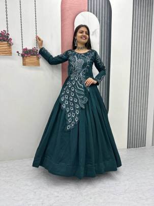 Launching Embroidered Gown Heavy Embrodery Sequence Work In Green Colour