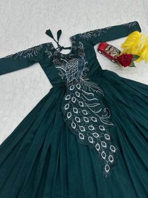 Launching Embroidered Gown Heavy Embrodery Sequence Work In Green Colour