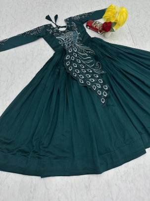 Launching Embroidered Gown Heavy Embrodery Sequence Work In Green Colour