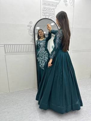 Launching Embroidered Gown Heavy Embrodery Sequence Work In Green Colour
