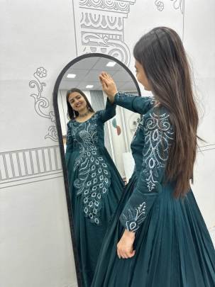 Launching Embroidered Gown Heavy Embrodery Sequence Work In Green Colour