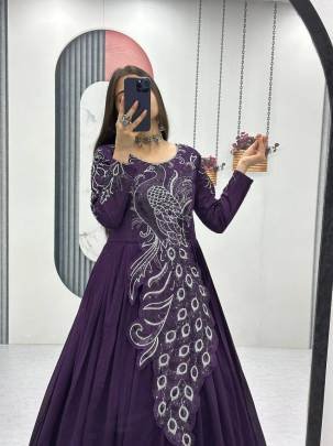 Launching Embroidered Gown Heavy Embrodery Sequence Work In Purple Colour