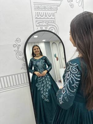 Launching Embroidered Gown Heavy Embrodery Sequence Work In Green Colour
