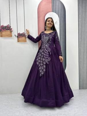 Launching Embroidered Gown Heavy Embrodery Sequence Work In Purple Colour
