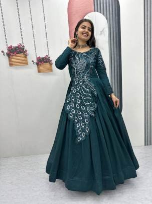 Launching Embroidered Gown Heavy Embrodery Sequence Work In Green Colour