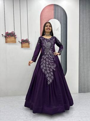 Launching Embroidered Gown Heavy Embrodery Sequence Work In Purple Colour
