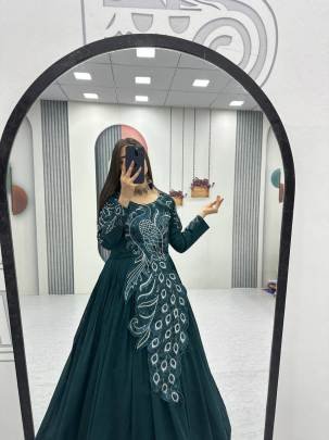 Launching Embroidered Gown Heavy Embrodery Sequence Work In Green Colour