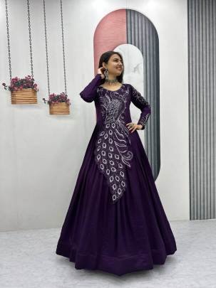 Launching Embroidered Gown Heavy Embrodery Sequence Work In Purple Colour