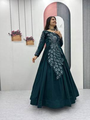 Launching Embroidered Gown Heavy Embrodery Sequence Work In Green Colour