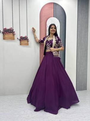 Launching Festival Special Crop Top Lehenga Embroidery Thread and Sequence Work In Purplr Colour