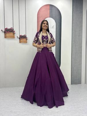 Launching Festival Special Crop Top Lehenga Embroidery Thread and Sequence Work In Purplr Colour