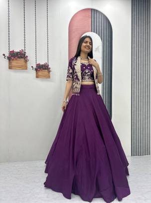 Launching Festival Special Crop Top Lehenga Embroidery Thread and Sequence Work In Purplr Colour