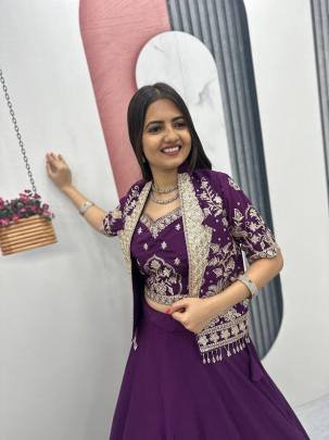 Launching Festival Special Crop Top Lehenga Embroidery Thread and Sequence Work In Purplr Colour
