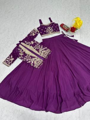 Launching Festival Special Crop Top Lehenga Embroidery Thread and Sequence Work In Purplr Colour
