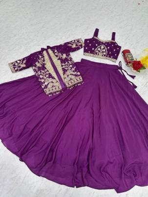 Launching Festival Special Crop Top Lehenga Embroidery Thread and Sequence Work In Purplr Colour