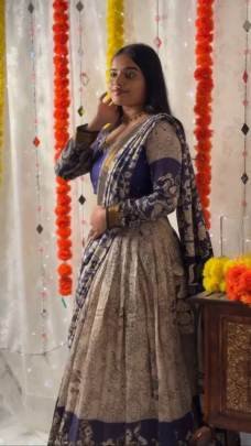 Launching festival Special Kalamkari Lehenga choli kalamkari print Rion cotton In Blue Colour Dupatta And Cream Colour Lehangha 