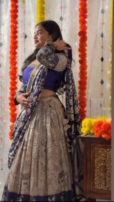 Launching festival Special Kalamkari Lehenga choli kalamkari print Rion cotton In Blue Colour Dupatta And Cream Colour Lehangha