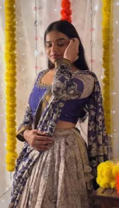 Launching festival Special Kalamkari Lehenga choli kalamkari print Rion cotton In Blue Colour Dupatta And Cream Colour Lehangha