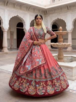 Launching New Kalamkari Lehenga Choli Kalamkari Print In Peach And Pink Colour 
