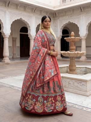 Launching New Kalamkari Lehenga Choli Kalamkari Print In Peach And Pink Colour