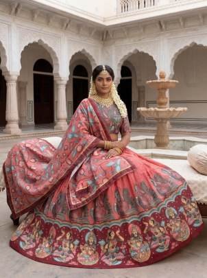 Launching New Kalamkari Lehenga Choli Kalamkari Print In Peach And Pink Colour