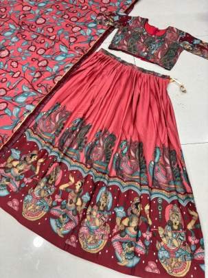 Launching New Kalamkari Lehenga Choli Kalamkari Print In Peach And Pink Colour