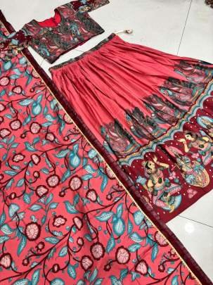 Launching New Kalamkari Lehenga Choli Kalamkari Print In Peach And Pink Colour