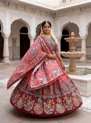 Launching New Kalamkari Lehenga Choli Kalamkari Print In Peach And Pink Colour