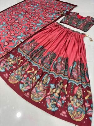 Launching New Kalamkari Lehenga Choli Kalamkari Print In Peach And Pink Colour