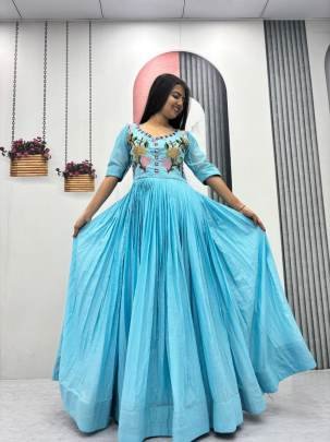  Launching Trending  Handwork Gown Heavy Embroidery Thread & Hand Mirar  Work In Sky Blue Colour 