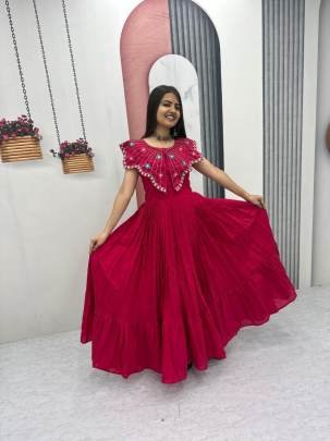 Launching Trending Handwork Gown Heavy Embroidery Thread & Khatli Work In Red Colour 