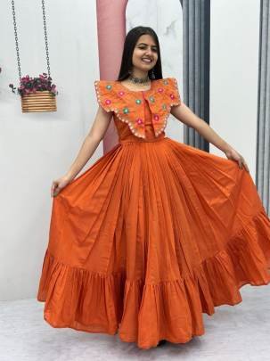 Launching Trending Handwork Gown Heavy Embroidery Thread & Khatli Work In Orange Colour 