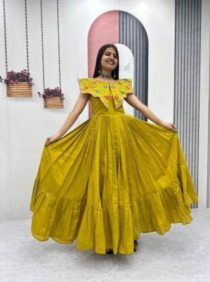 Launching Trending Handwork Gown Heavy Embroidery Thread & Khatli Work In Yellow Colour 