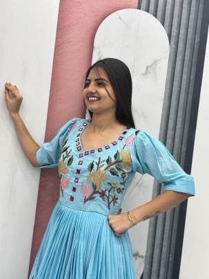 Launching Trending  Handwork Gown Heavy Embroidery Thread & Hand Mirar  Work In Sky Blue Colour