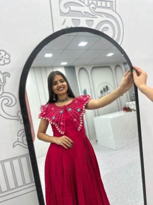 Launching Trending Handwork Gown Heavy Embroidery Thread & Khatli Work In Red Colour