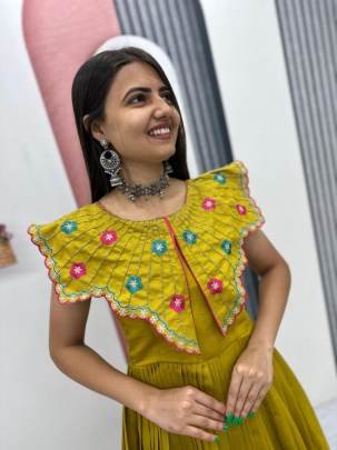 Launching Trending Handwork Gown Heavy Embroidery Thread & Khatli Work In Yellow Colour