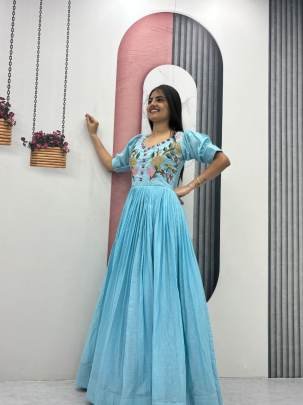 Launching Trending  Handwork Gown Heavy Embroidery Thread & Hand Mirar  Work In Sky Blue Colour