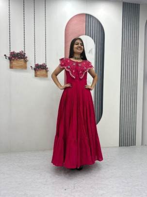 Launching Trending Handwork Gown Heavy Embroidery Thread & Khatli Work In Red Colour