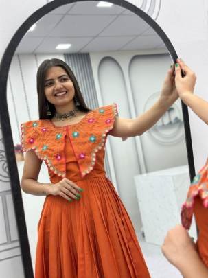 Launching Trending Handwork Gown Heavy Embroidery Thread & Khatli Work In Orange Colour