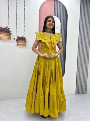 Launching Trending Handwork Gown Heavy Embroidery Thread & Khatli Work In Yellow Colour