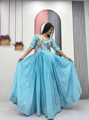 Launching Trending  Handwork Gown Heavy Embroidery Thread & Hand Mirar  Work In Sky Blue Colour