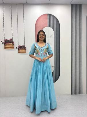 Launching Trending  Handwork Gown Heavy Embroidery Thread & Hand Mirar  Work In Sky Blue Colour