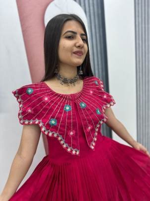 Launching Trending Handwork Gown Heavy Embroidery Thread & Khatli Work In Red Colour