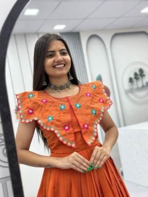 Launching Trending Handwork Gown Heavy Embroidery Thread & Khatli Work In Orange Colour