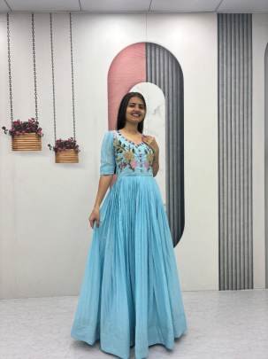 Launching Trending  Handwork Gown Heavy Embroidery Thread & Hand Mirar  Work In Sky Blue Colour