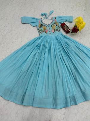 Launching Trending  Handwork Gown Heavy Embroidery Thread & Hand Mirar  Work In Sky Blue Colour