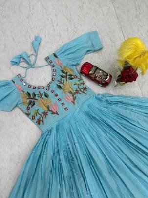 Launching Trending  Handwork Gown Heavy Embroidery Thread & Hand Mirar  Work In Sky Blue Colour