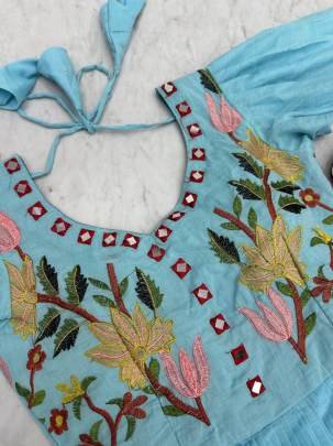 Launching Trending  Handwork Gown Heavy Embroidery Thread & Hand Mirar  Work In Sky Blue Colour