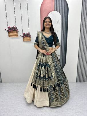 Launching wedding Special trending lengha&saree In Peacoce Blue colour blouse and cream colour lengha 