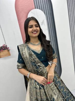 Launching wedding Special trending lengha&saree In Peacoce Blue colour blouse and cream colour lengha